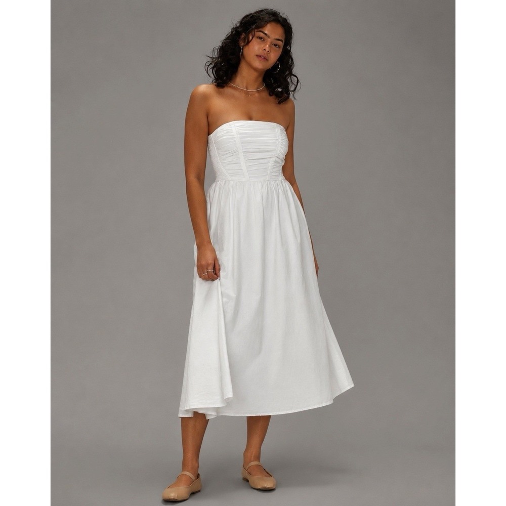 American Eagle White‎ Midi Dress Poplin Strapless Black Sz XS Initiation Dress